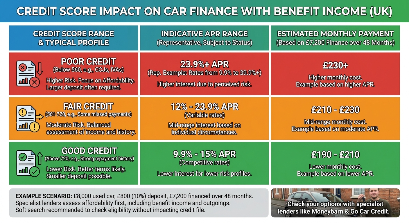 Credit score impact chart, indicative interest rates for poor, fair, and good credit on benefit income.