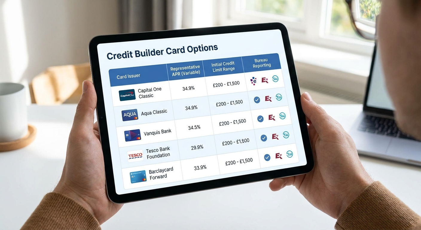 Credit Builder Product Feature Matrix, comparing credit builder card options, their APRs, credit limits, and bureau reporting practices