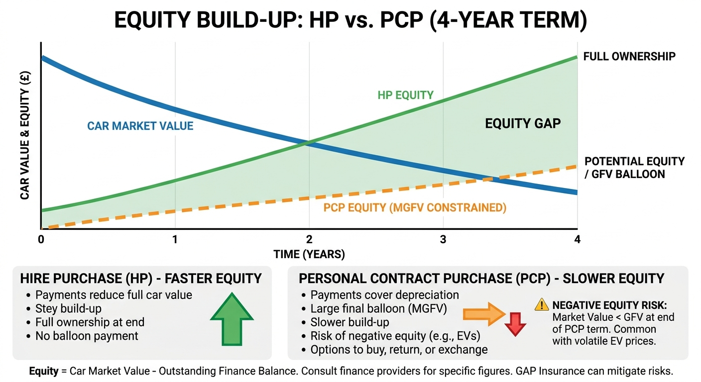 How equity builds over time on HP vs PCP for the same car over a 4-year term