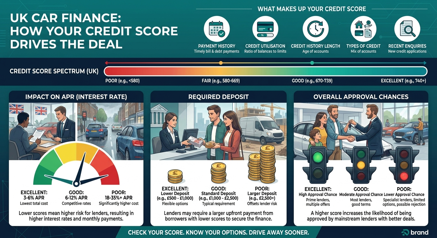 How credit score influences APR, required deposit, and overall approval chances for car finance.